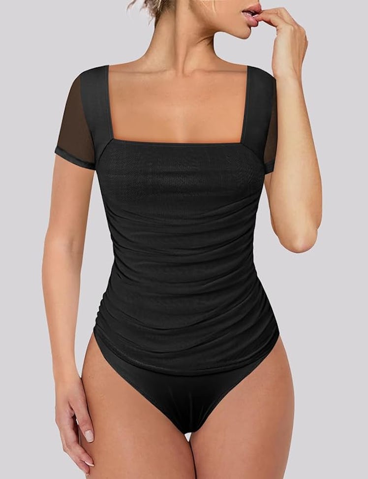 Chunpin Square-Neck Mesh Thong Bodysuit