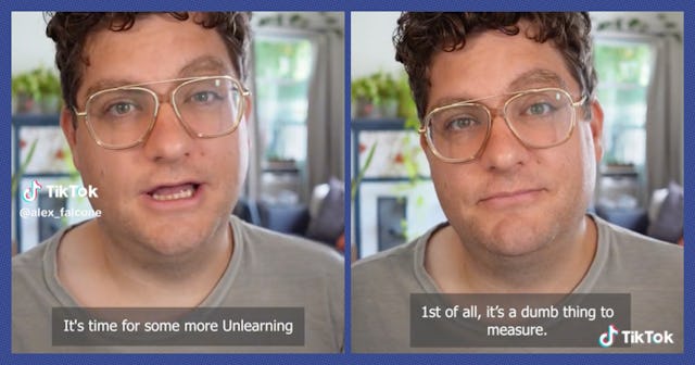 Side-by-side images of a man wearing glasses on a TikTok frame, with captions discussing the theme o...