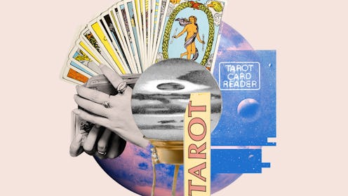 Collage featuring a hand holding Tarot cards with a crystal ball labeled "TAROT" and planetary illus...