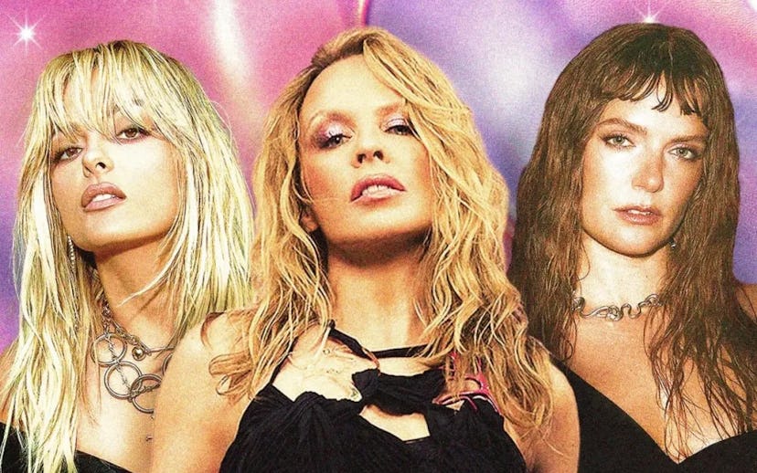Three women with blonde hair pose against a sparkly pink background, each displaying a different exp...