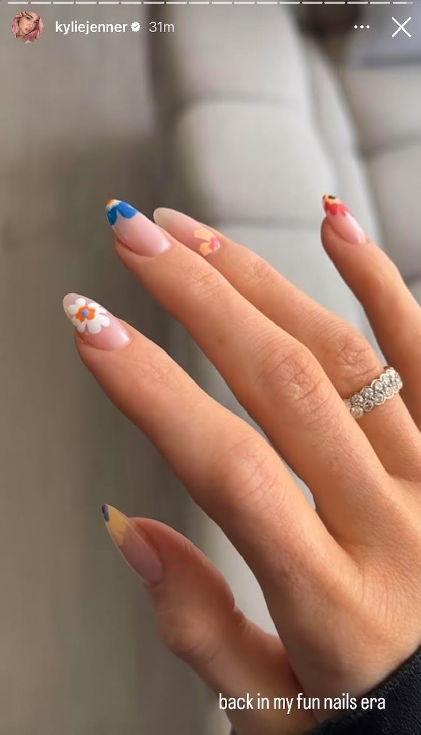 Kylie Jenner shared her floral nail art on Instagram stories.