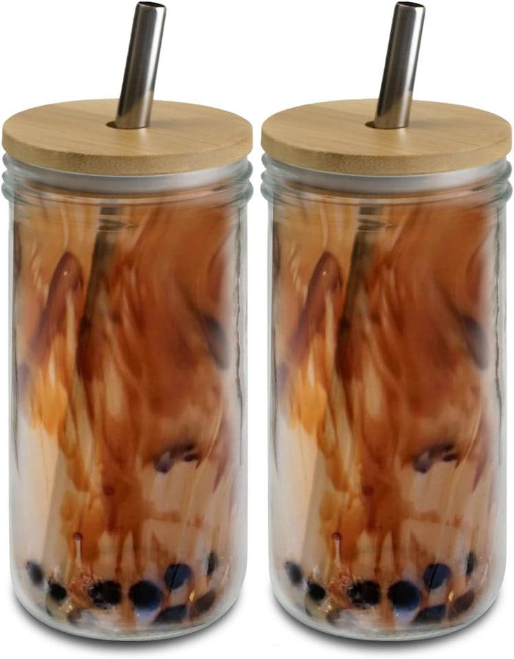 brimley 20oz Glass Boba Bubble Tea Cup with Acacia Lid (2-Pack)