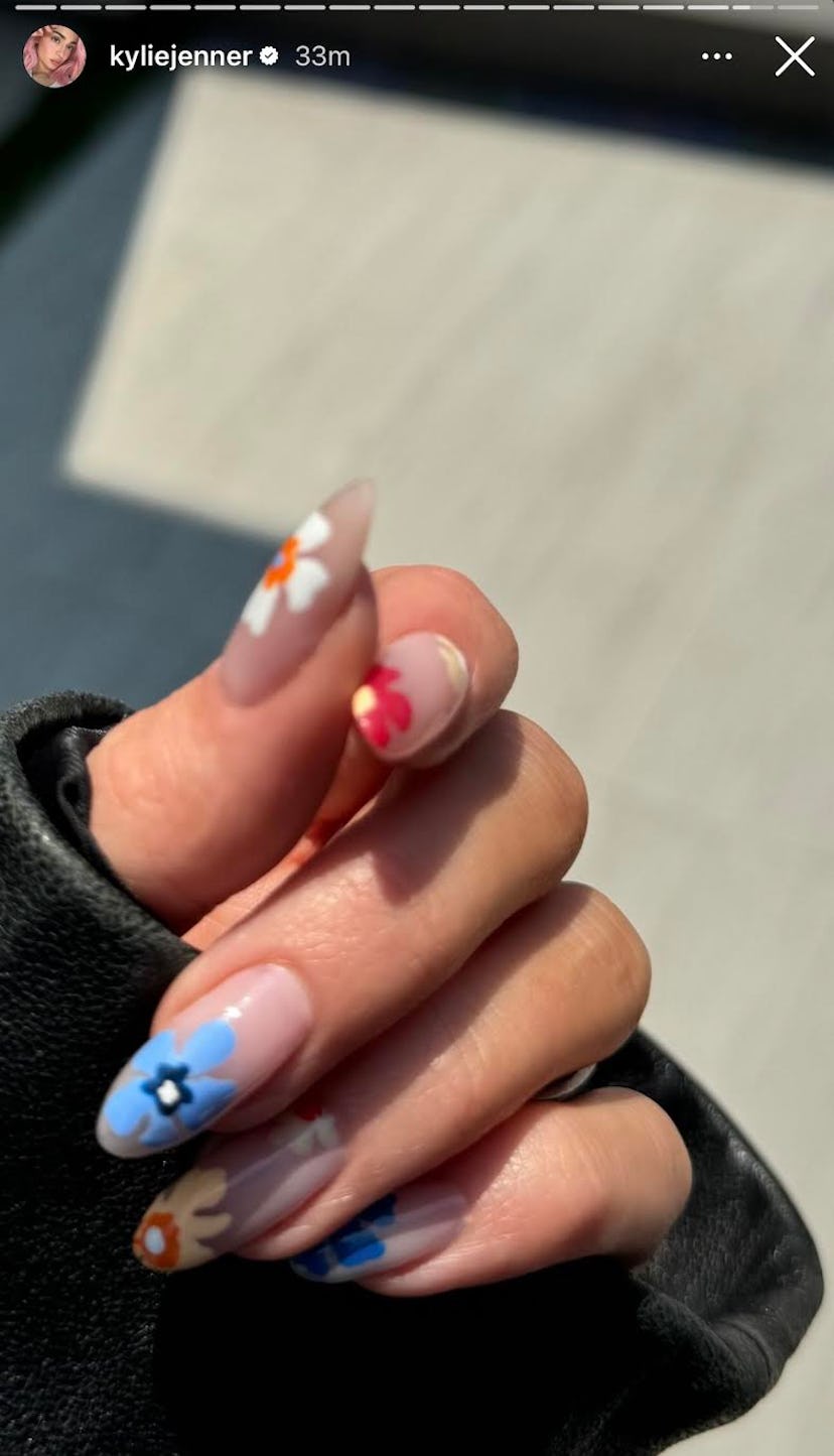 Kylie Jenner shared her floral nail art on Instagram stories.