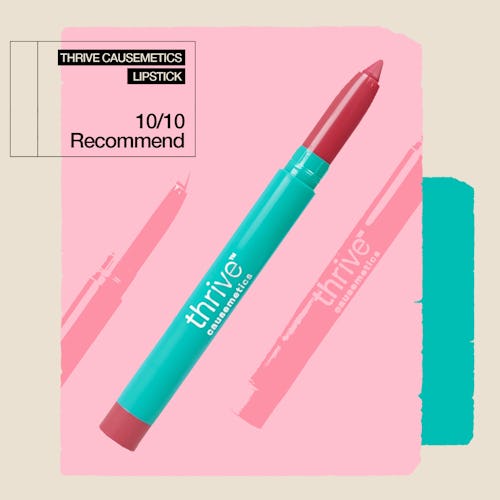 Graphic of a Thrive Causemetics lipstick with a rating of “10/10 Recommend” on a pink and teal backg…