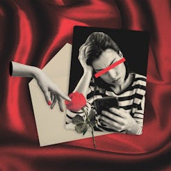 A stylized image featuring a woman in black and white looking at her phone, stressed, with a red str…