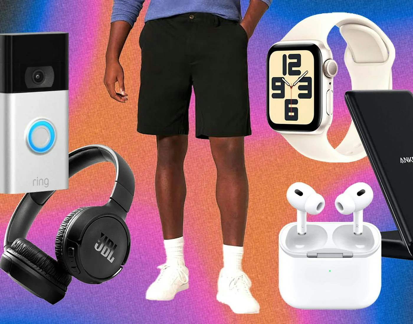 Collage of tech gadgets including a Ring doorbell, JBL headphones, AirPods, a smartwatch, Anker power bank, and a man wearing shorts and sneakers.
