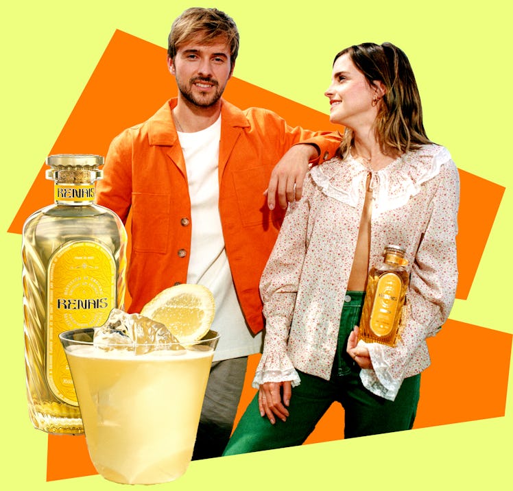 A stylish man and woman posing behind bottles of Berhins lemon drink, set against a geometric orange...