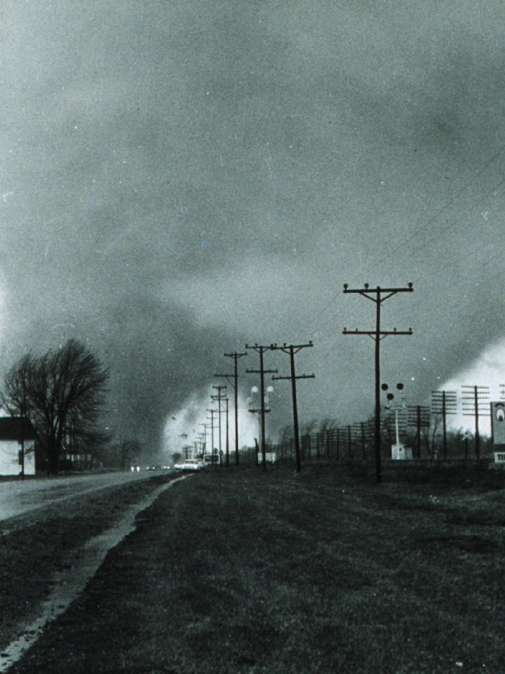 Journalist Paul Huffman took this picture in Elkhart, Indiana, which captures two tornado funnels du...