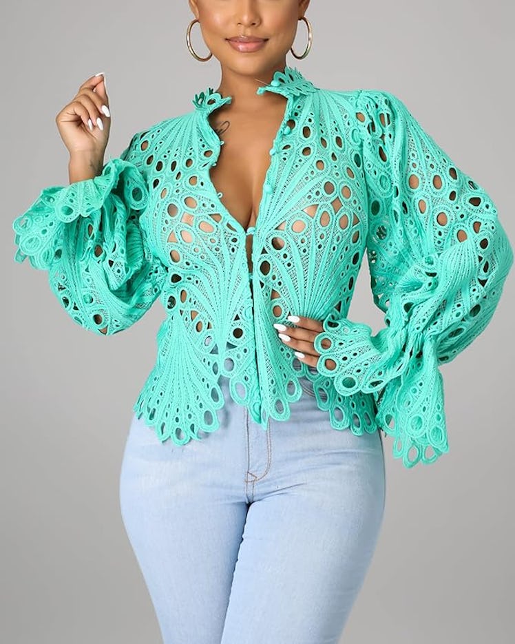 Doweha Puff Sleeve Cutout Blouse 