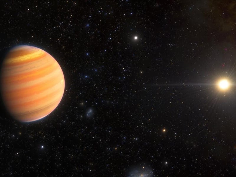 Illustration of a large, striped gas giant planet with a bright star and scattered stars in the cosm...