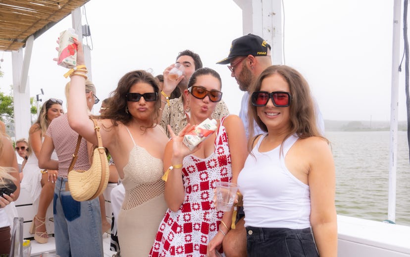 Group of friends enjoying snacks and drinks on a sunny boat party, with some posing playfully for th...