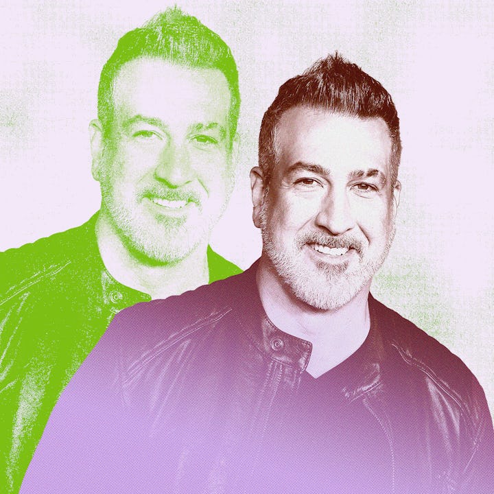 Double exposure image of singer Joey Fatone, half in green and half in purple, overlapping to create...