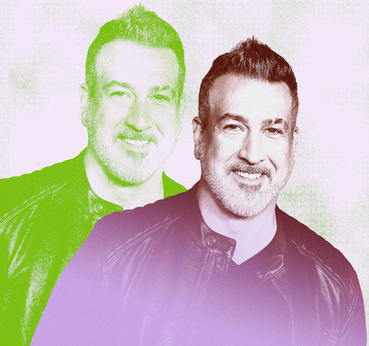 Double exposure image of singer Joey Fatone, half in green and half in purple, overlapping to create a creative visual effect.