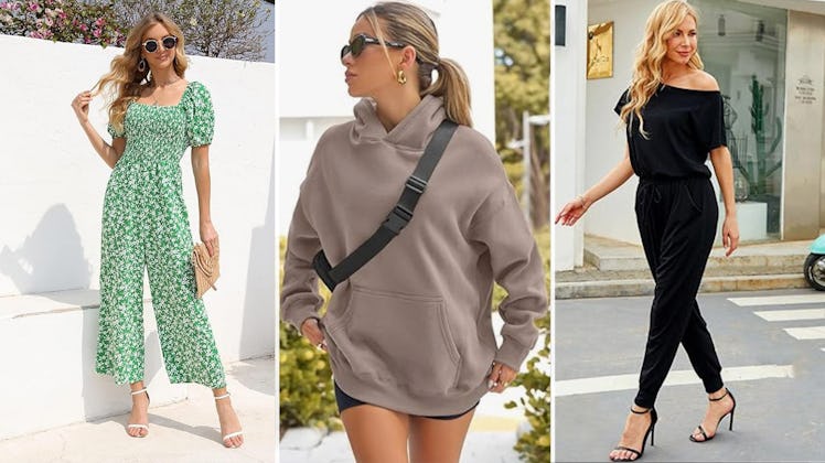 Three fashionable outfits displayed: a model in a green floral jumpsuit, another in a casual gray ho...