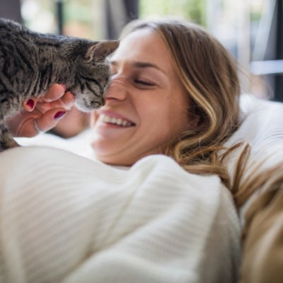 A happy woman lying down as a tabby cat affectionately touches her nose with its paw.