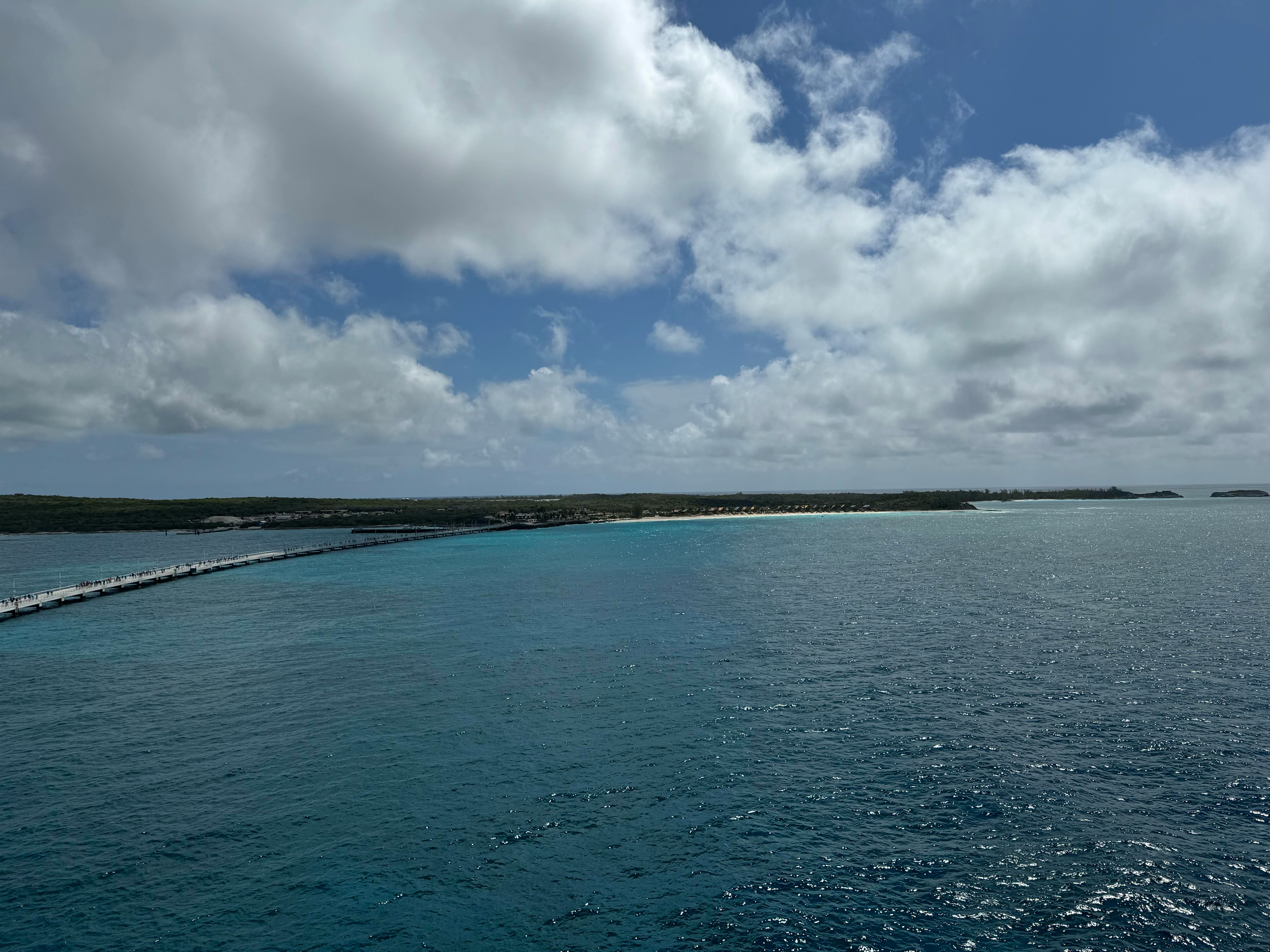 The view of the pier that connects Disney Cruise Line ships and Lookout Cay