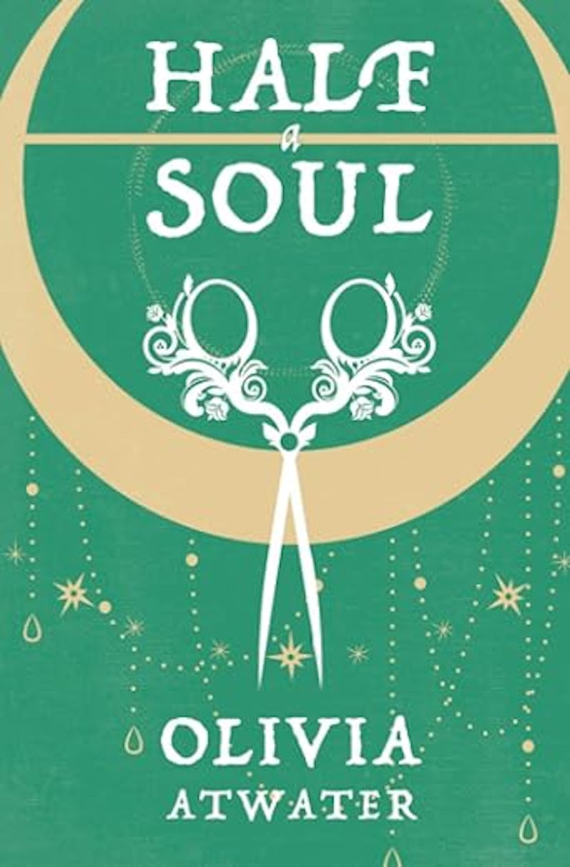 Book cover of "Half a Soul" by Olivia Atwater, featuring ornate white patterns on a green background...