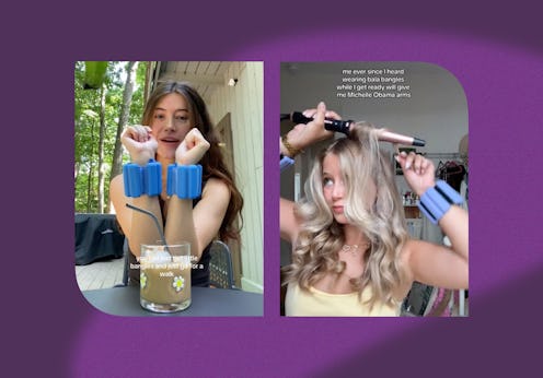 Split image: Left- woman drinking a thick shake with weights; Right- woman curling hair, text about ...