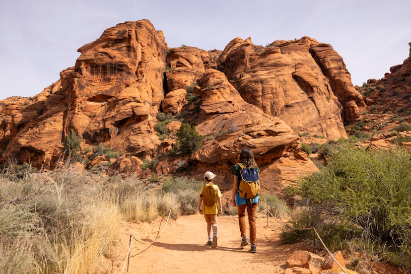 A mother and son hiking in St. George, Utah