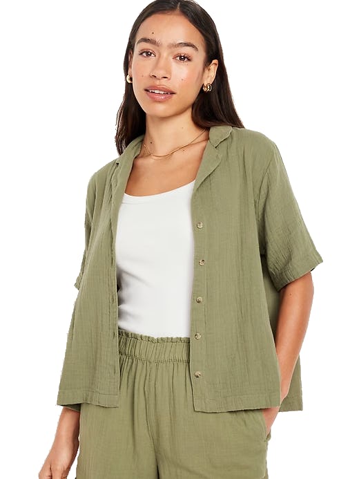 Crinkle Gauze Button-Down Top