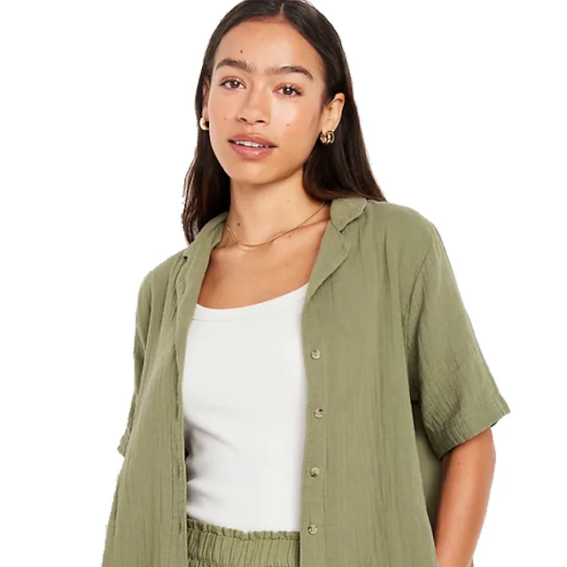 Crinkle Gauze Button-Down Top