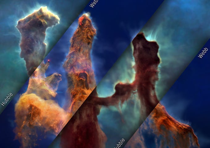 A collage of the Hubble Space Telescope images showing the detailed structures of nebulae in vibrant colors.