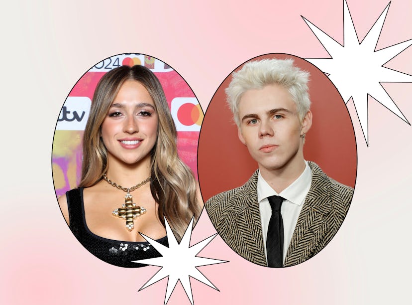 Two side-by-side portraits of a young woman and man within heart-shaped frames, set against a pink b...