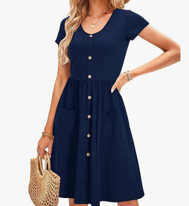 OUGES V-Neck Button Down Skater Dress