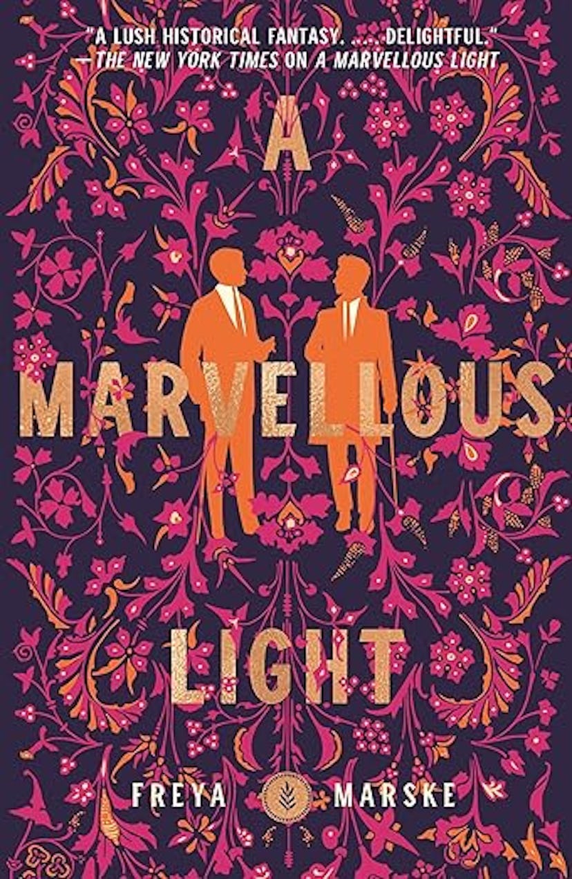 Book cover of "A Marvellous Light" by Freya Marske featuring two silhouetted men against a floral bu...