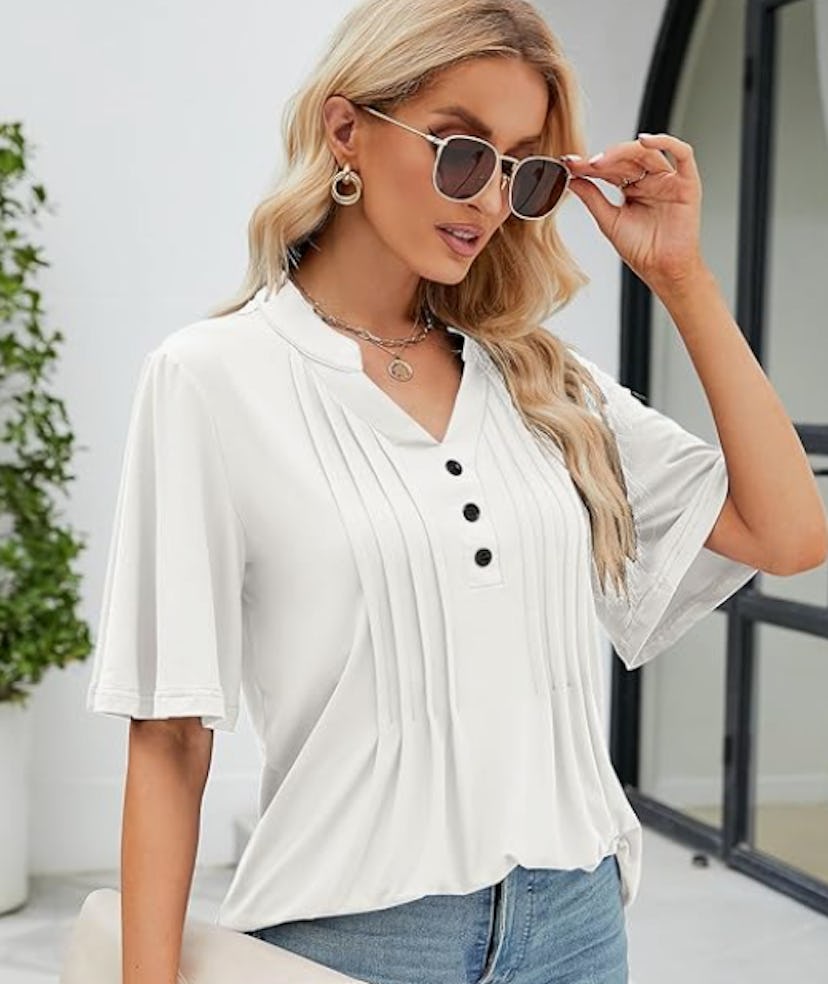 HOCOSIT Pleated Short Sleeve Summer Blouse