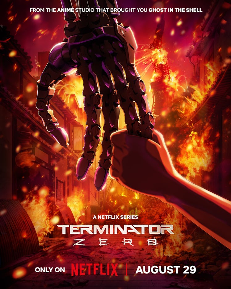 A robot hand holds a child's hand in the poster for 'Terminator Zero' on Netflix