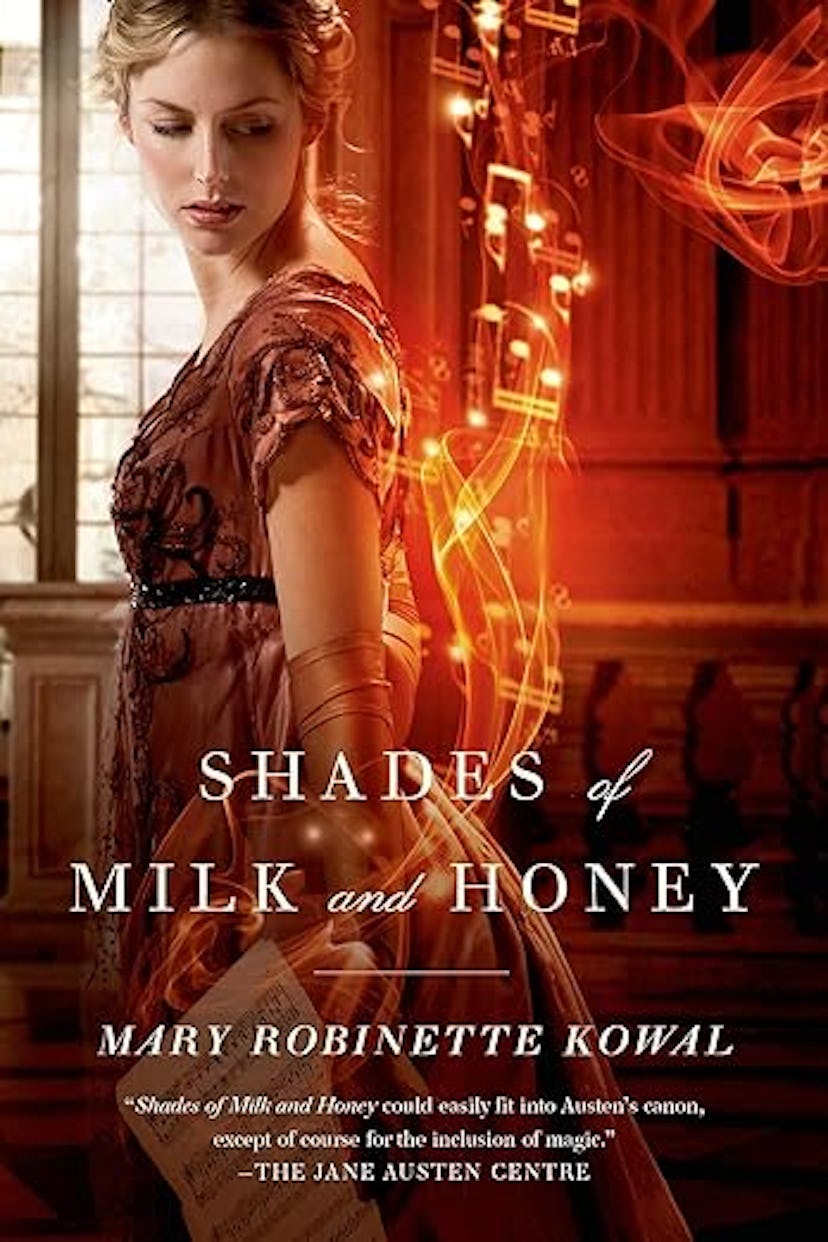 Book cover featuring a woman in a historical dress with swirling orange lights around her in an eleg...