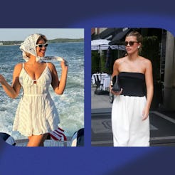 Two women in stylish outfits: one in a summer dress on a boat, the other in a black and white ensemb...