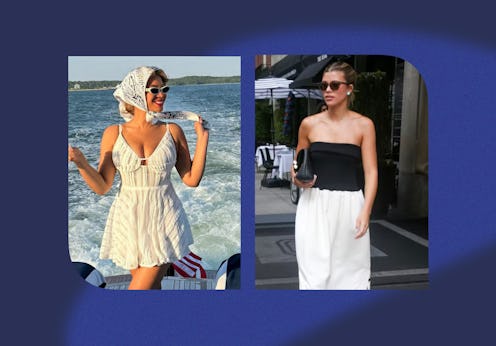 Two women in stylish outfits: one in a summer dress on a boat, the other in a black and white ensemb...