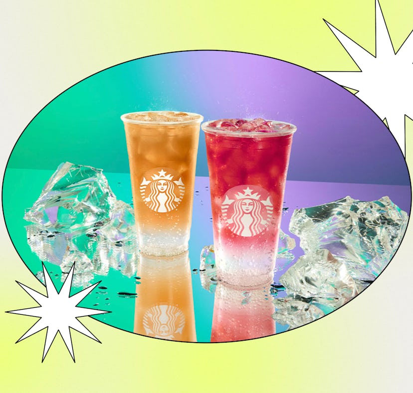 Two Starbucks beverages, one peach-colored and one red, placed amidst ice cubes against a yellow and...