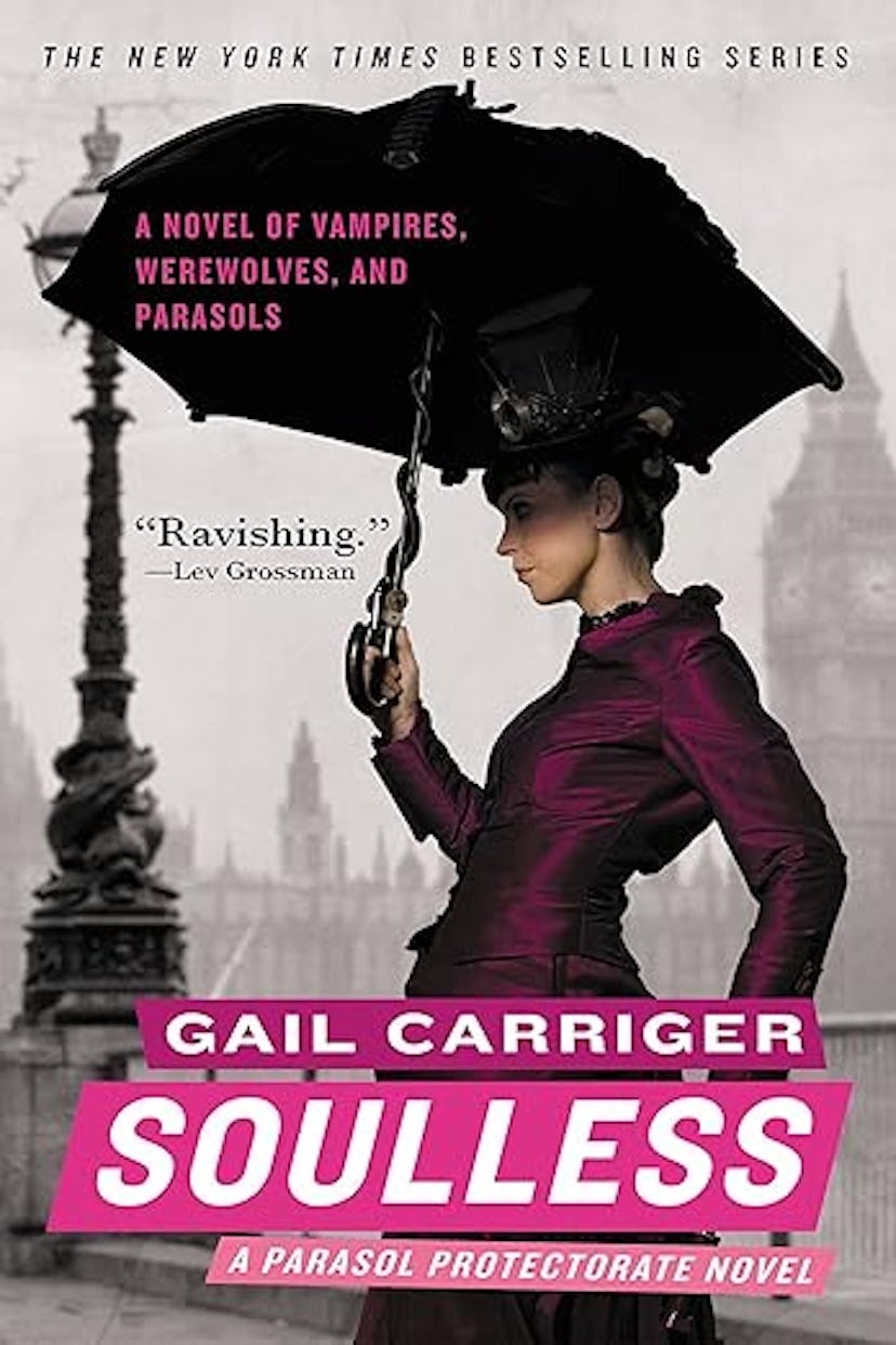 Book cover of "Soulless" by Gail Carriger, featuring a woman in a purple Victorian dress holding a l...