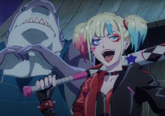 Animated image of a woman with multi-colored hair holding a baseball bat, smiling widely, with a shark figure in the background.