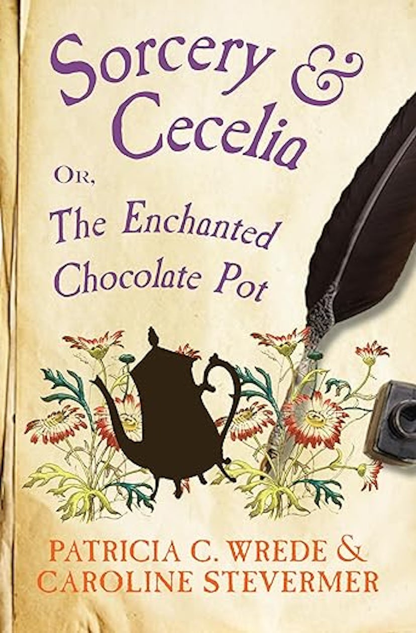 Book cover for "Sorcery & Cecelia" featuring a silhouette of a chocolate pot amid colorful flowers, ...