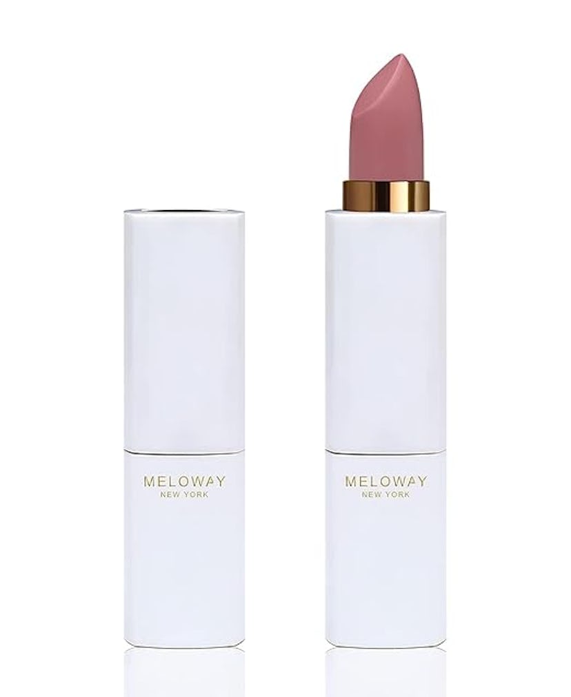 Meloway lipstick in a white tube with cap on the left and cap off revealing a nude shade on the righ...