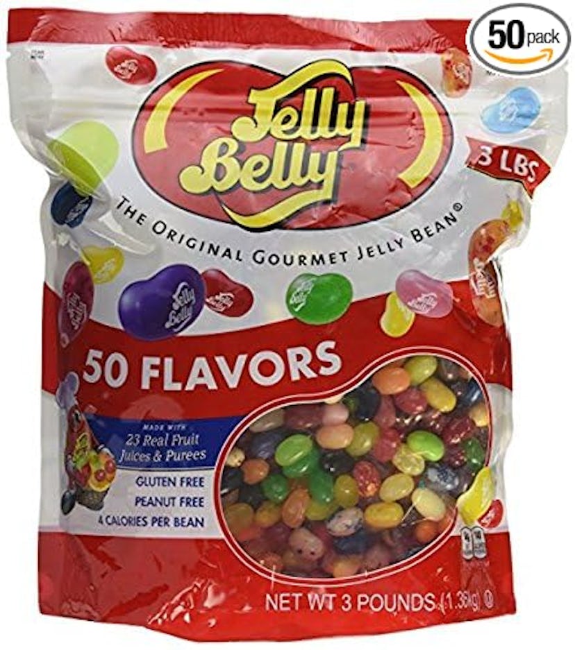 A 3-pound bag of Jelly Belly jelly beans, labeled as having 50 flavors, gluten and peanut free.