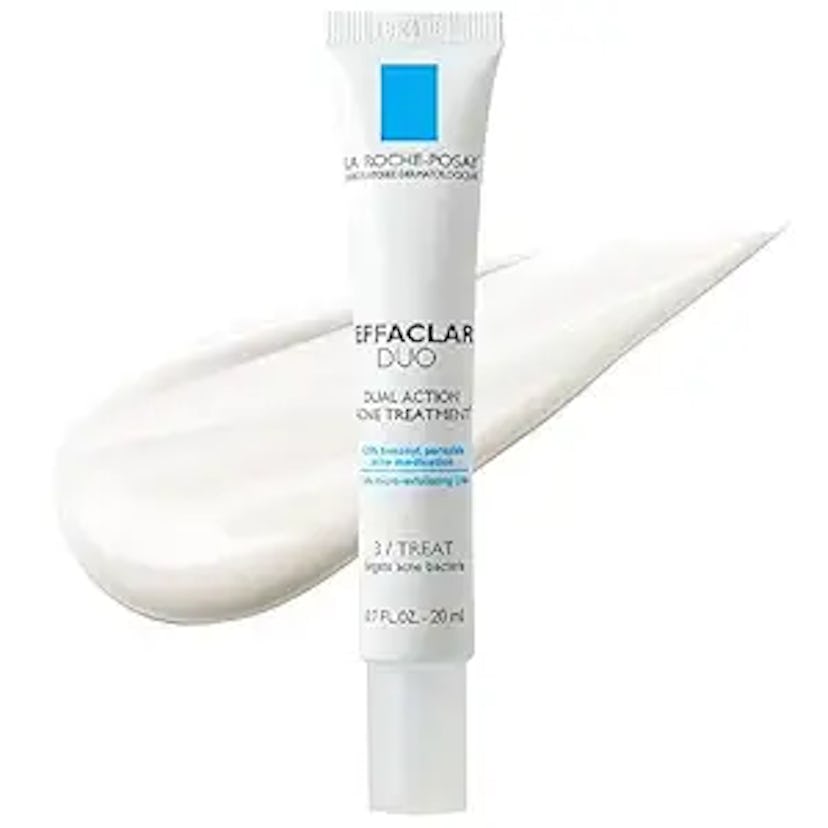 A tube of La Roche-Posay Effaclar Duo Dual Action Acne Treatment cream with a white dollop of the pr...