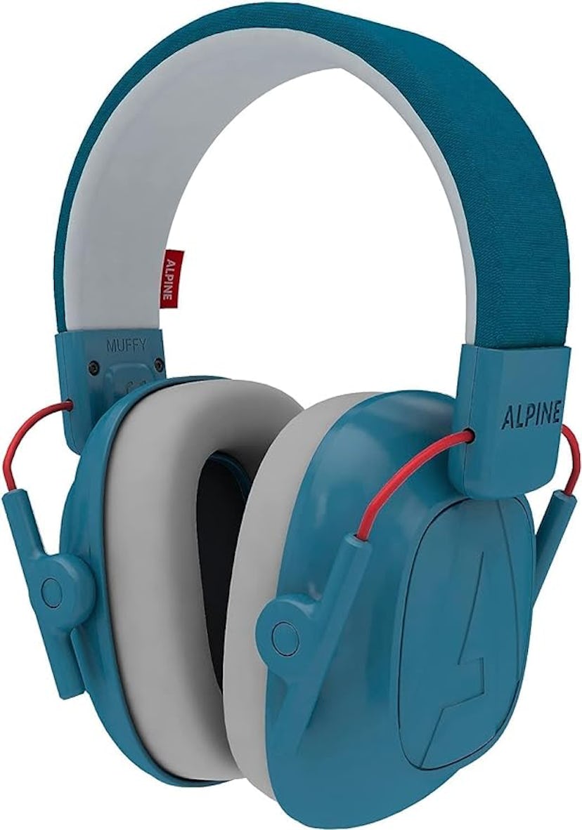 Blue and white noise-canceling headphones with a soft headband labeled "Alpine Muffy".