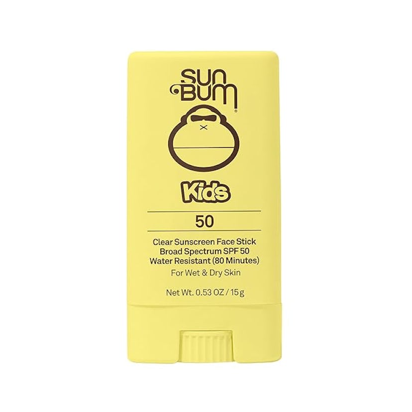 Yellow Sun Bum sunscreen stick for kids with SPF 50, labeled for water resistance and safe on wet or...