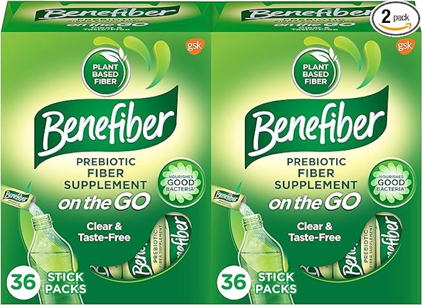 Two packages of Benefiber prebiotic fiber supplement, each containing 36 stick packs, labeled as pla...