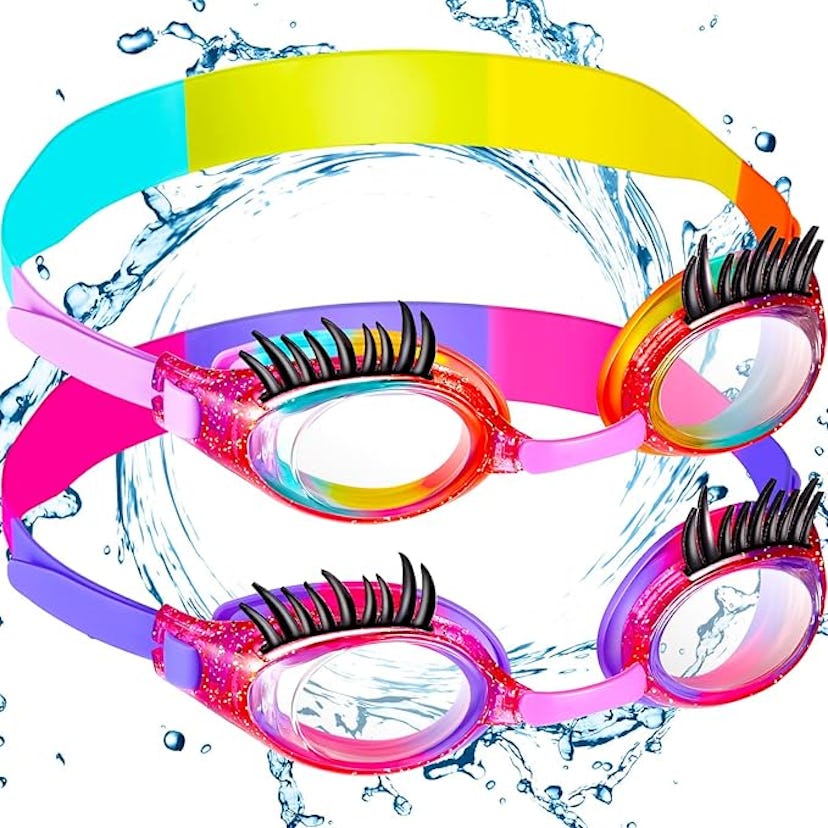 Colorful swimming goggles with eyelash designs splashing in water, emphasizing fun and style in swim...