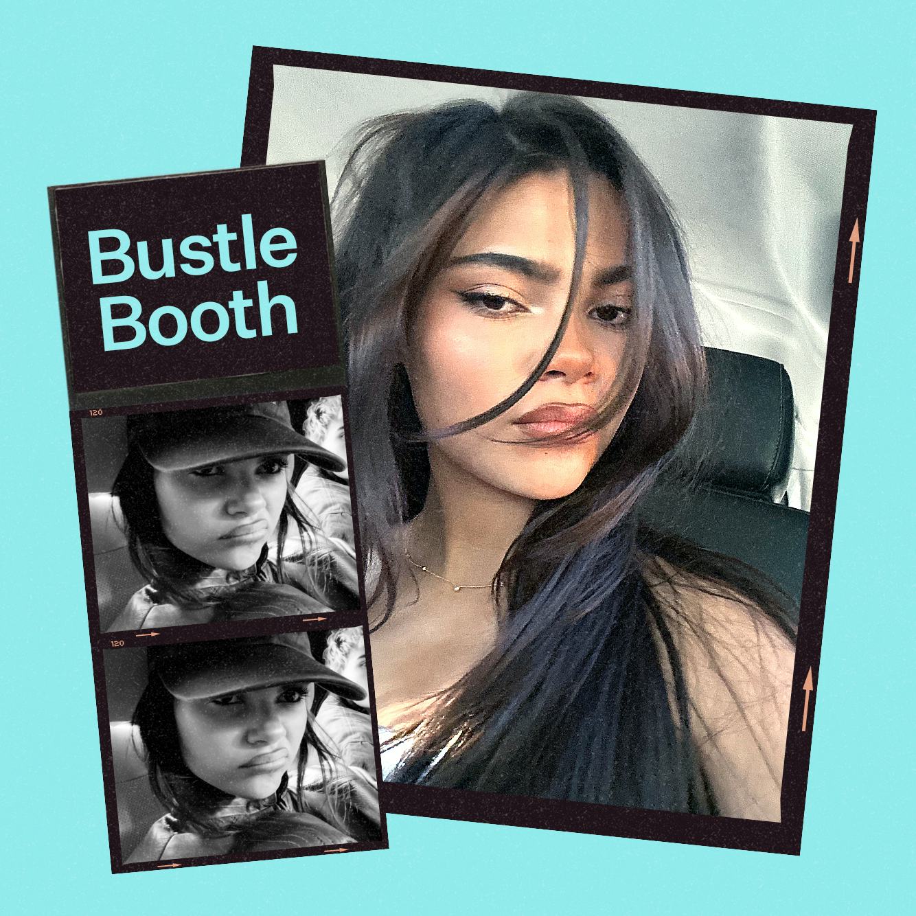 Three pictures of a woman, one close-up in color and two in black and white with a "Bustle Booth" lo...