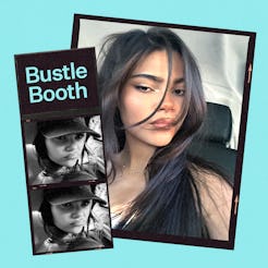 Three pictures of a woman, one close-up in color and two in black and white with a "Bustle Booth" lo...