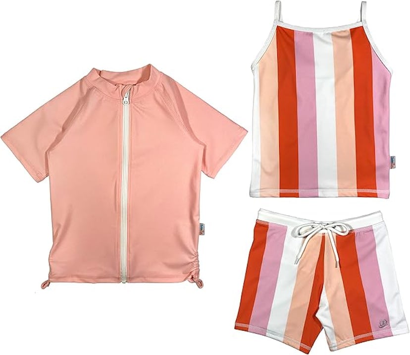 Children's swimwear set, featuring a pink zippered rash guard, striped tank top, and matching stripe...