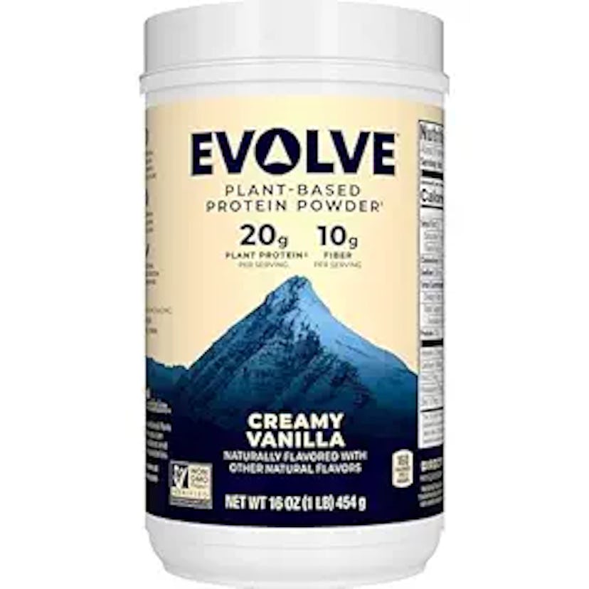 Container of Evolve Creamy Vanilla plant-based protein powder with 20g protein and 10g fiber per ser...