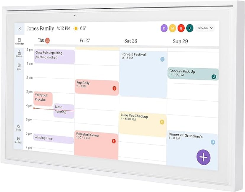 Digital family calendar on a wall displaying a weekly schedule with color-coded events and appointme...